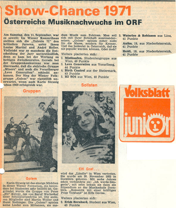 Golem - Presseberichte - ORF Show-Chance 1971 - Gewinner Golem